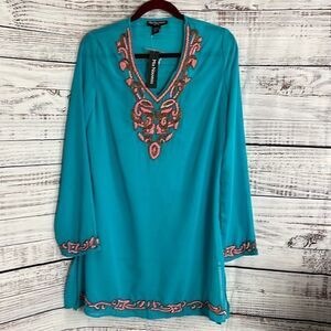 Mix nouveau Tunic‎ Womens size Small chiffon Beaded Boho sequins Aruba Blue New